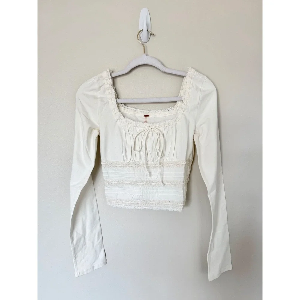 Free People Ivory Lace Trim Ruched Milkmaid‎ Crop Top Long Sleeve Square Neck L